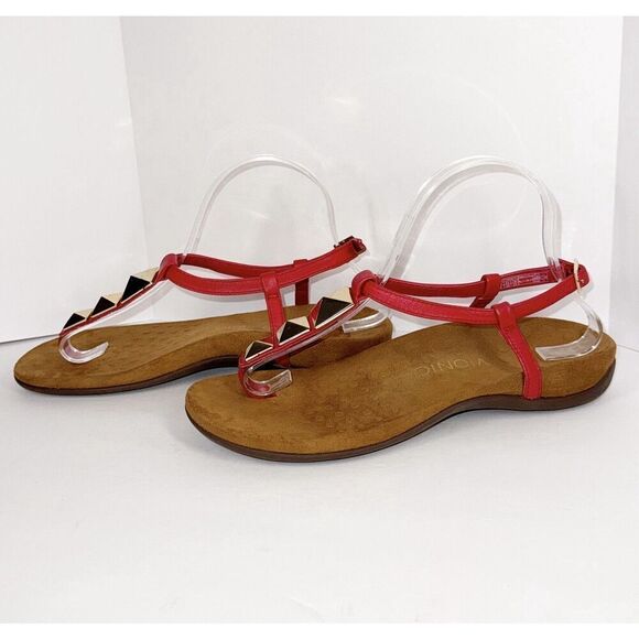 Vionic‎ Sandals 8 Nala Thong Red Leather T Strap Gold Slingback Comfort Flats - Picture 3 of 15